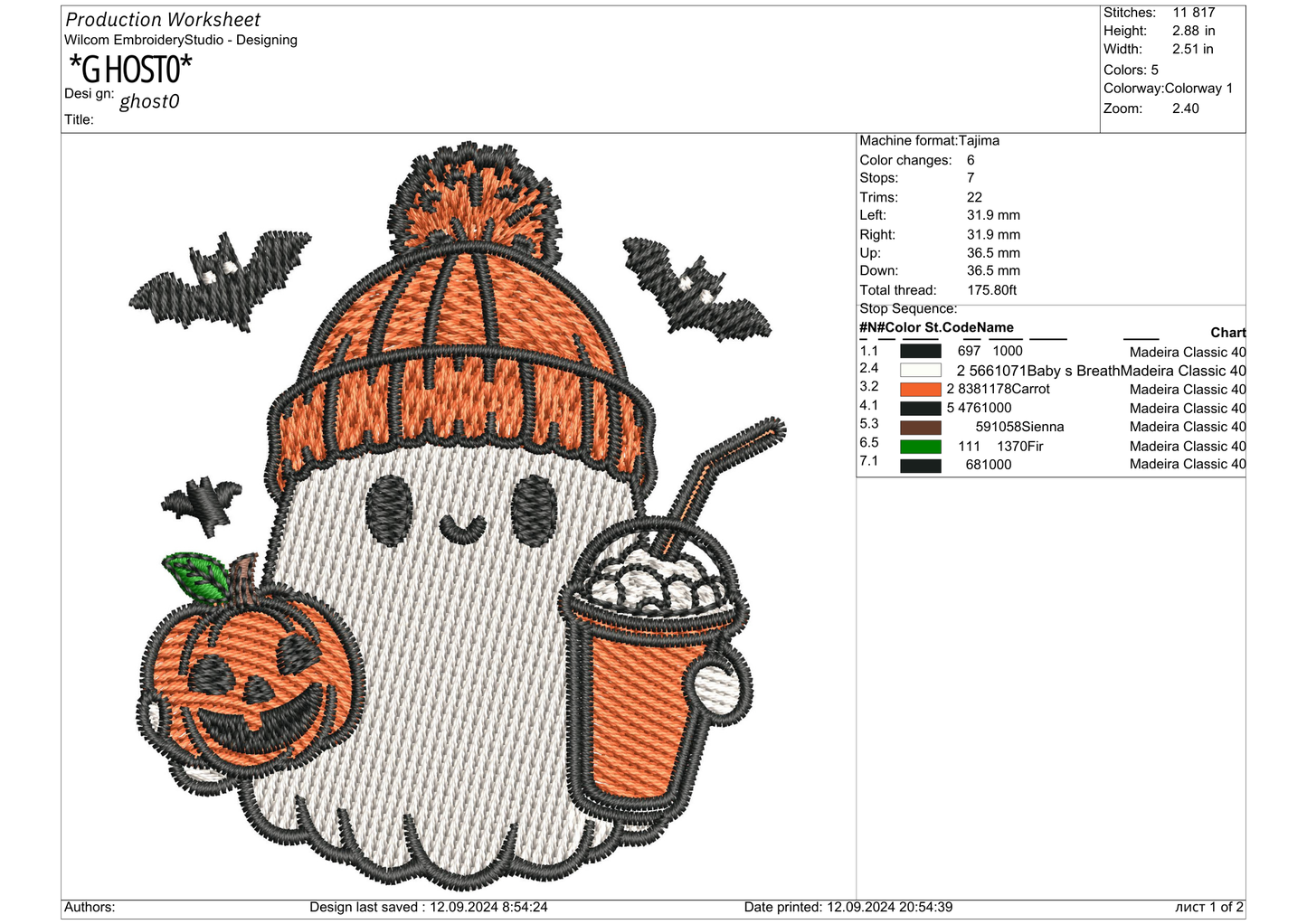 Pumpkin Drink Ghost Embroidery – size 5XL