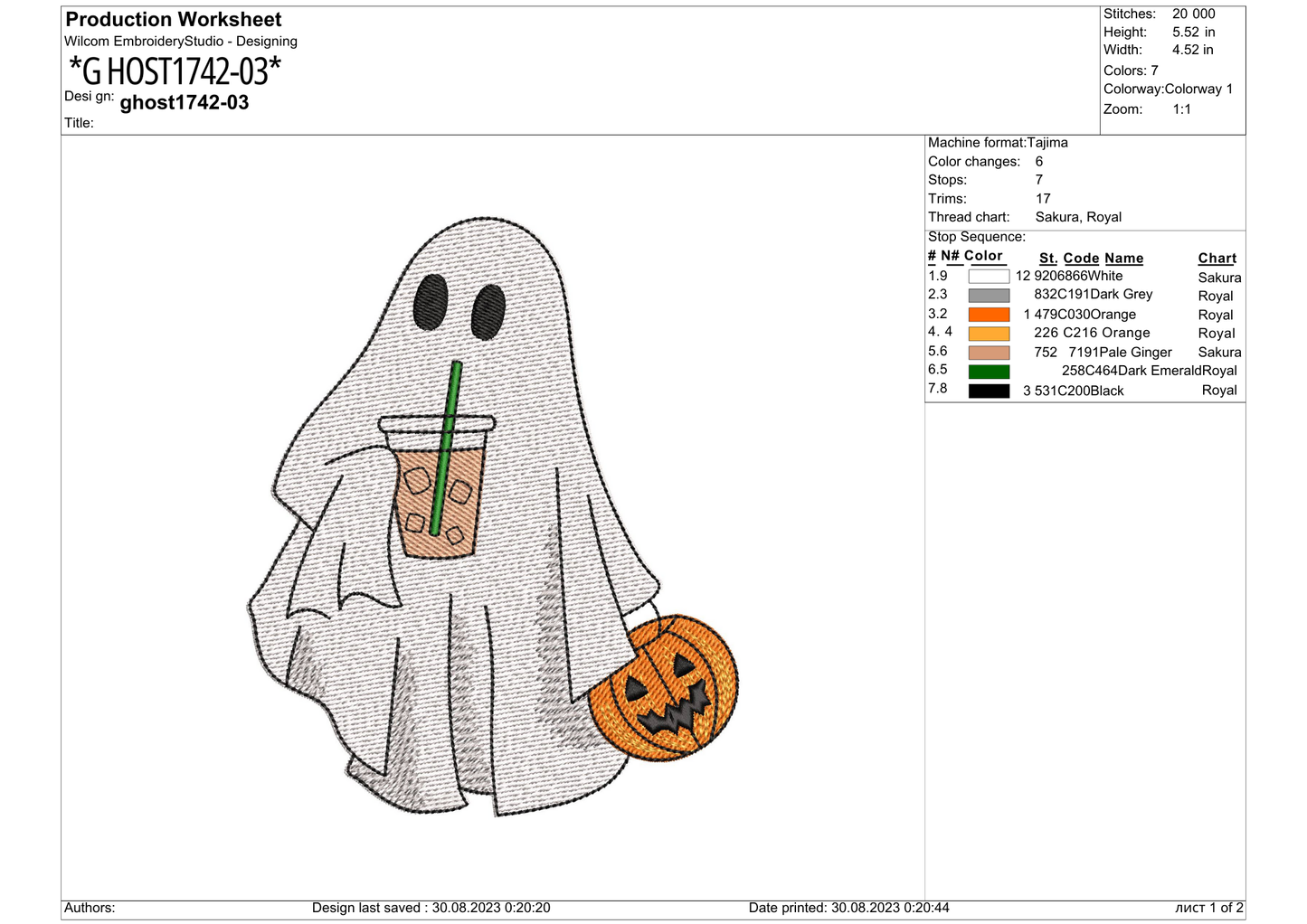 Boba Drink Ghost Embroidery – size 5XL