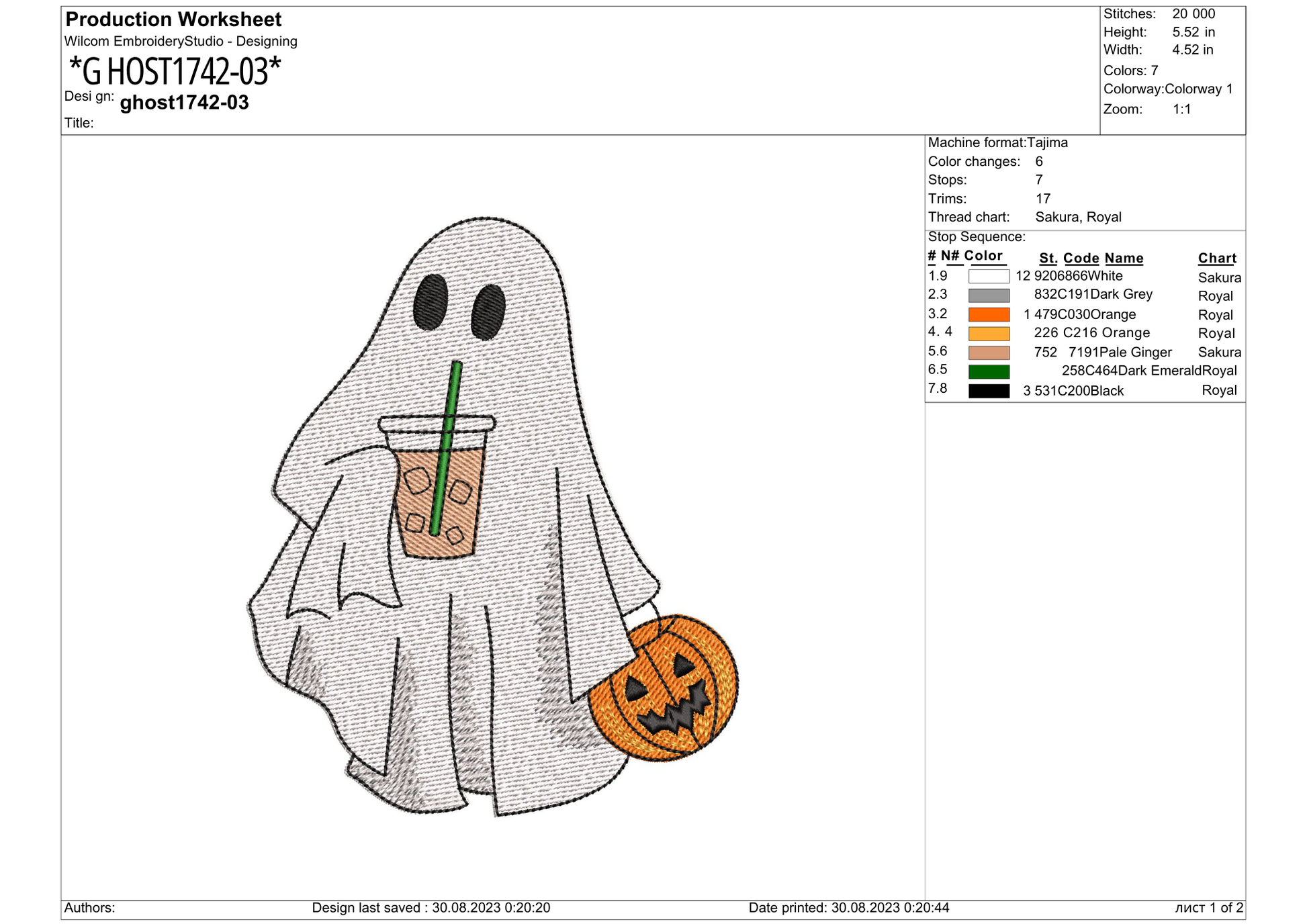 Boba Drink Ghost Embroidery – size 5XL
