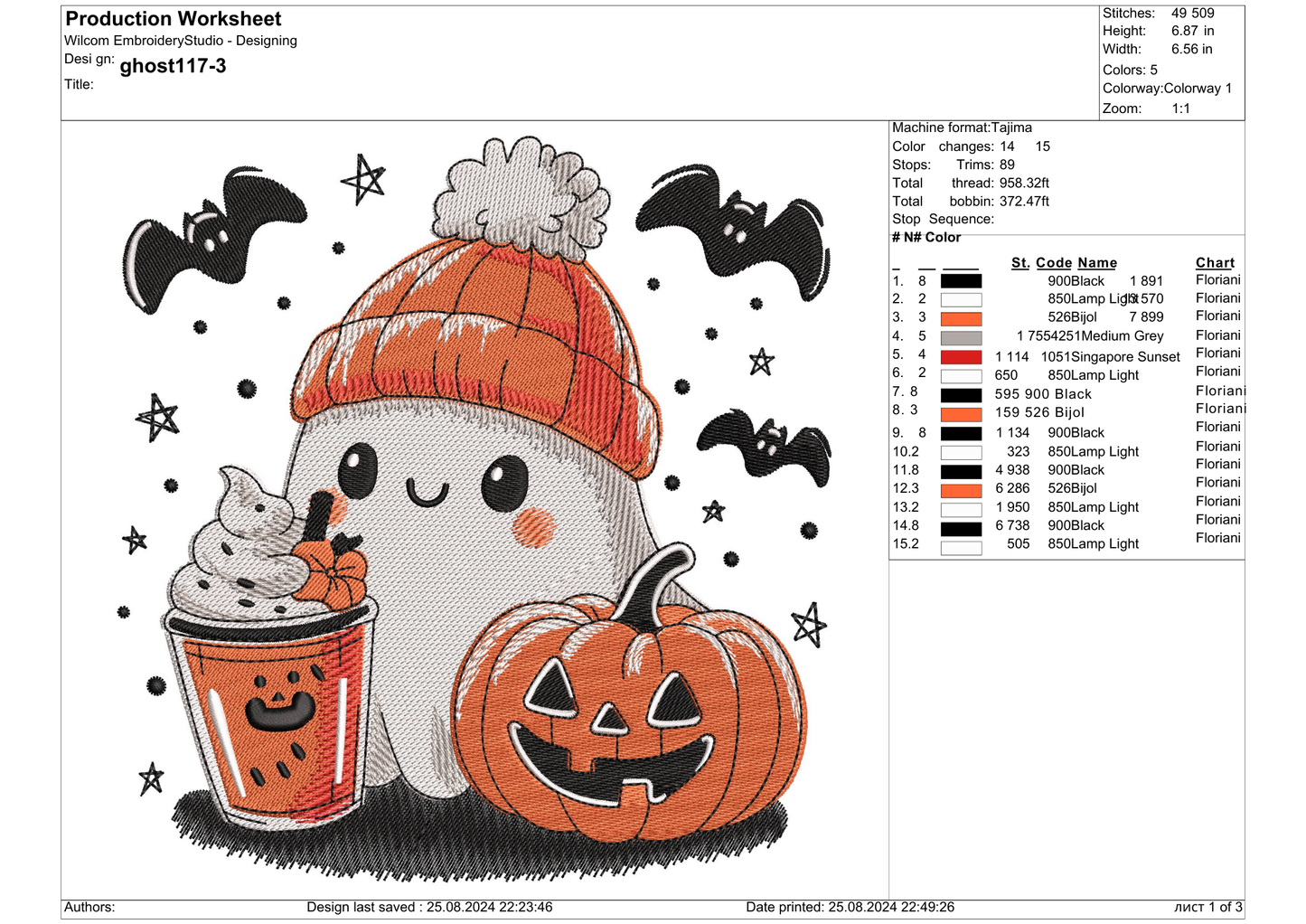 Ghost with Pumpkin Drink Embroidery – size 5XL